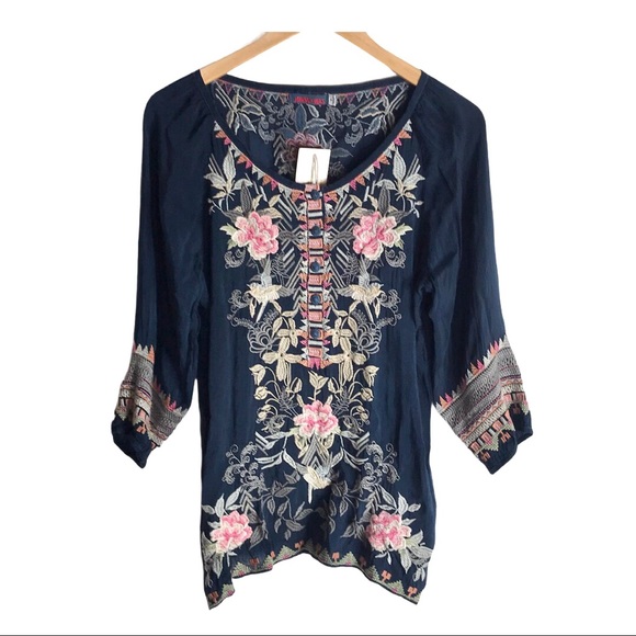 JOHNNY WAS Floral Garden Embroidered Blouse Navy - Picture 12 of 12